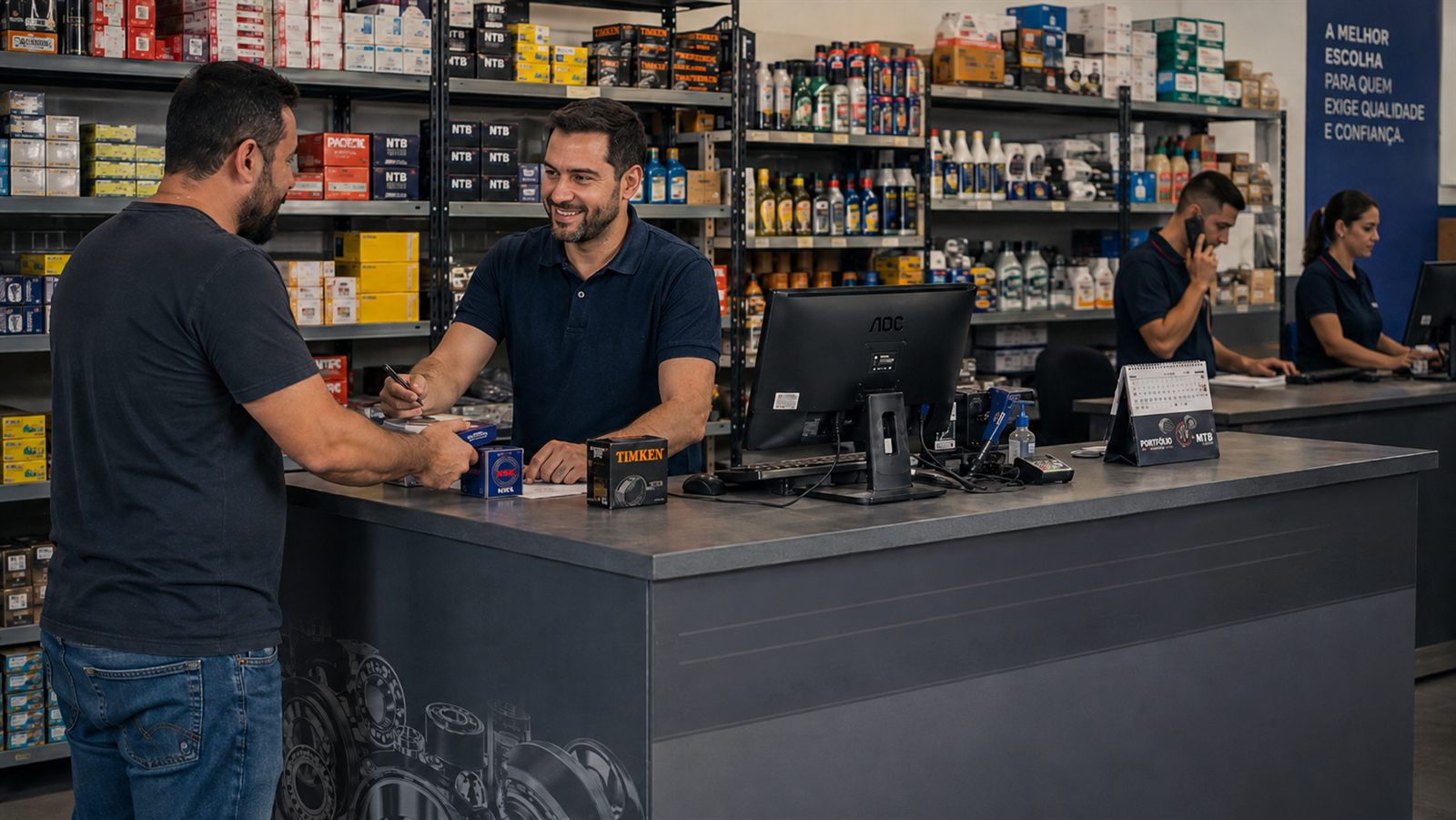 Atendimento no balcão de uma revenda de rolamentos, com estoque de NSK, Timken e MTB Parts